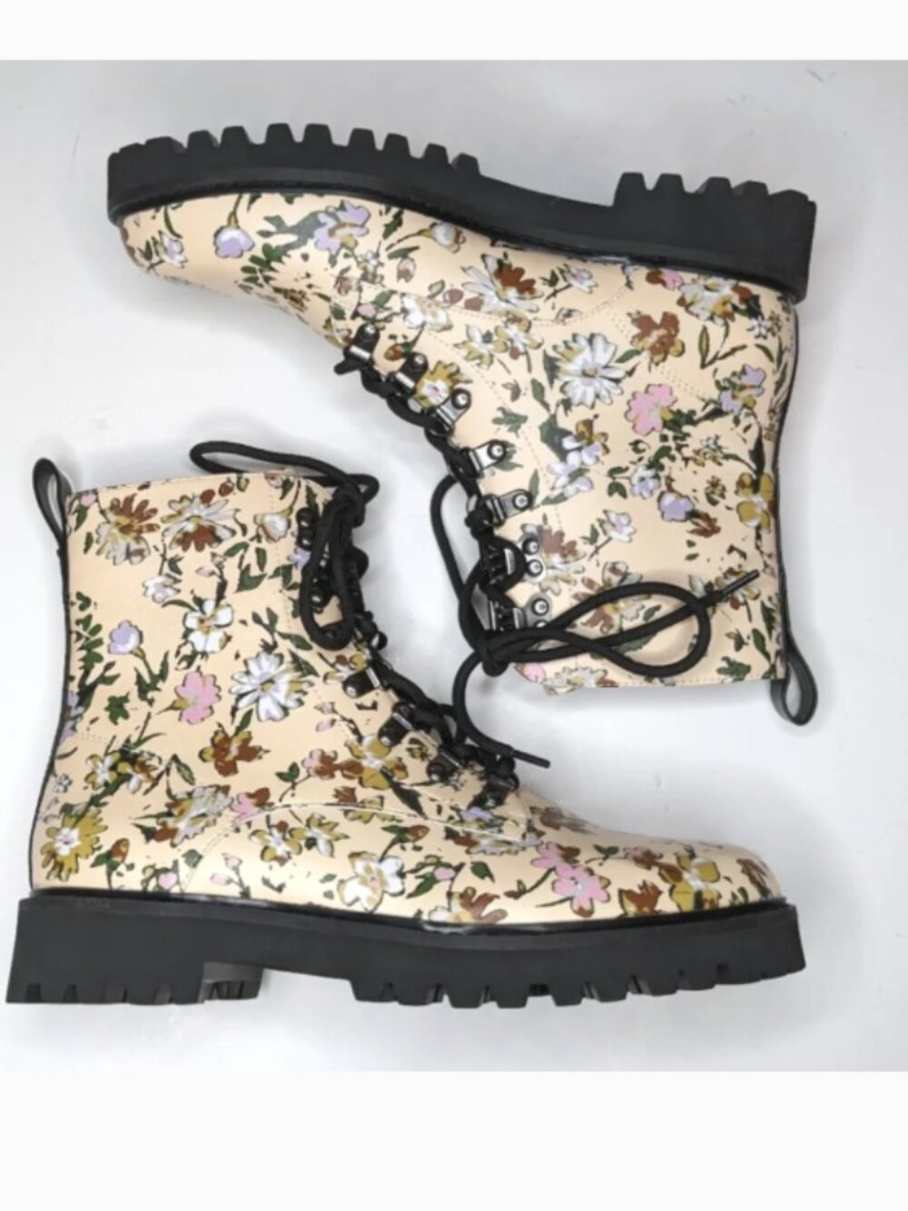 SANCTUARY Floral Leather Ankle Combat Boots Size 10M Buttercream Lace-Up